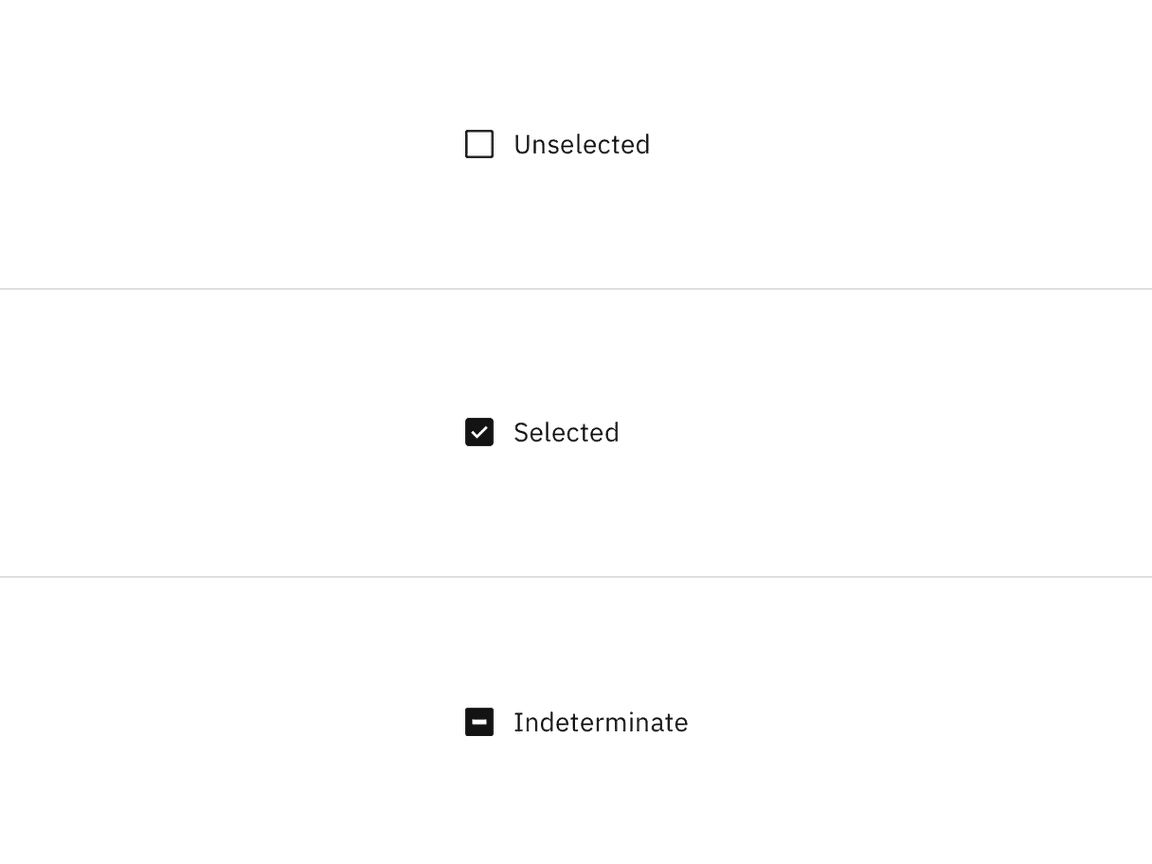 Unselected, selected, and indeterminate states of checkbox.